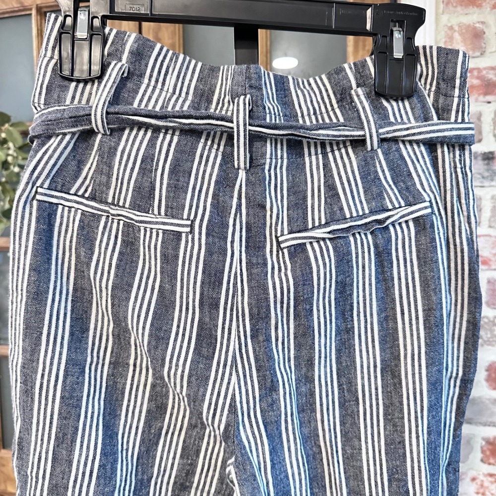 Madewell Striped Pants Women Blue White Linen Blend Tie Waist High Rise Size 4 - Picture 3 of 9